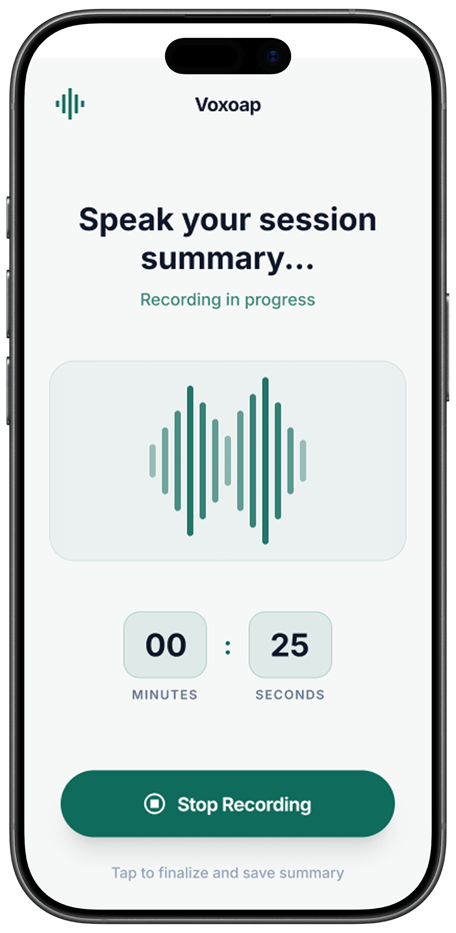 Voice recording screen in the Voxoap app